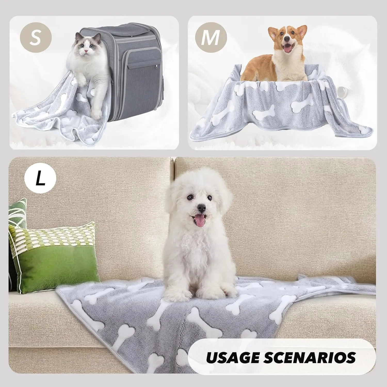 1 Pack 3 Puppy Blankets Super Soft Warm Sleep Mat Grey Cute Print Fluffy Fleece Pet Flannel Throw Dog Blankets for Small Dogs Cats,Star&Bone&Love- Small (23"x15")