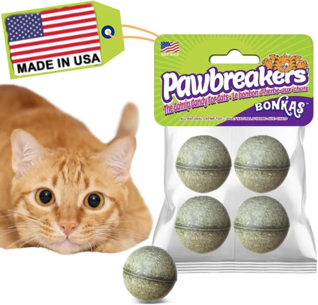 4 Bonkas Catnip Balls - All Natural Cat Treats & Toys, Medical Grade Catnip, Safe & Digestible, Hypoallergenic & Vegan - 1/2 oz, 1.25 Inch Diameter, Made in USA