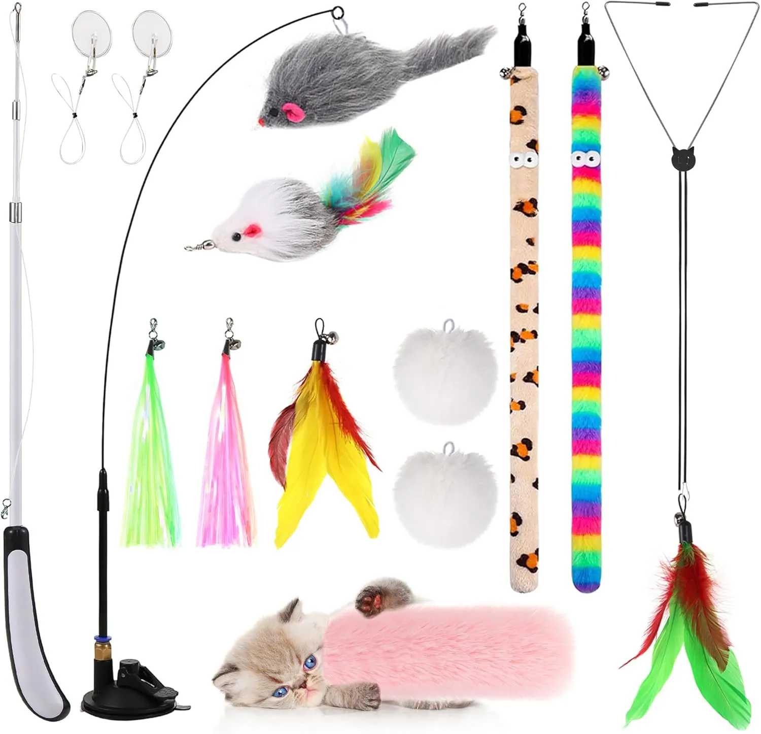 4-in-1 Interactive Cat Feather Toys with Retractable Fishing Pole and Enhanced Suction Cup Catnip Toy Wand for Indoor Kitten