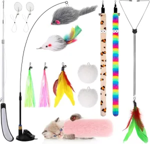 4-in-1 Interactive Cat Feather Toys with Retractable Fishing Pole and Enhanced Suction Cup Catnip Toy Wand for Indoor Kitten