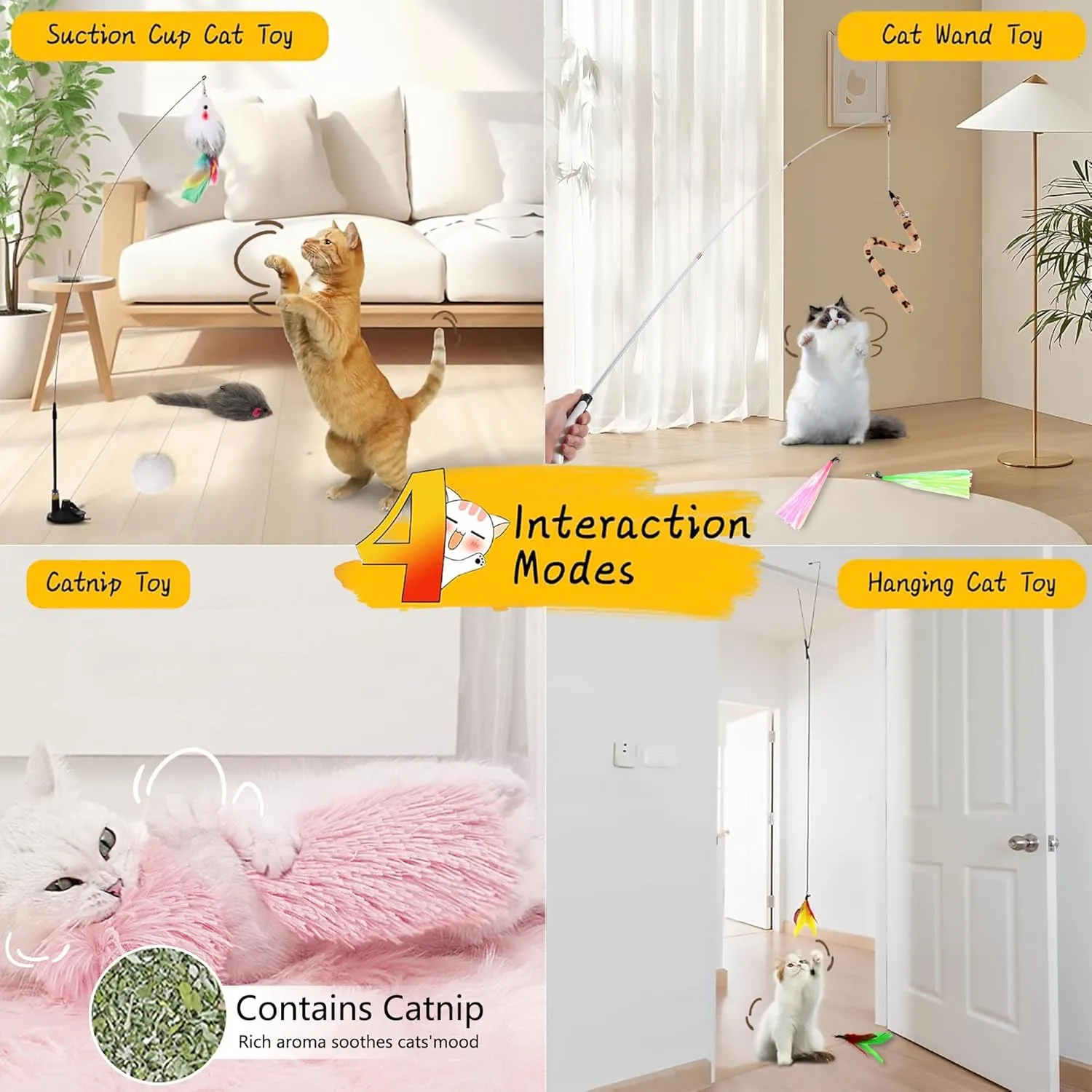 4-in-1 Interactive Cat Feather Toys with Retractable Fishing Pole and Enhanced Suction Cup Catnip Toy Wand for Indoor Kitten
