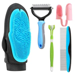 5-in-1 Puppy Bathing Supplies Pet Bathing Glove, Three-Sided Toothbrush, Double-Sided Detangling Comb, Double-Row Grooming Comb, and Finger Toothbrush for Dogs and Cats  Pet Care Kit