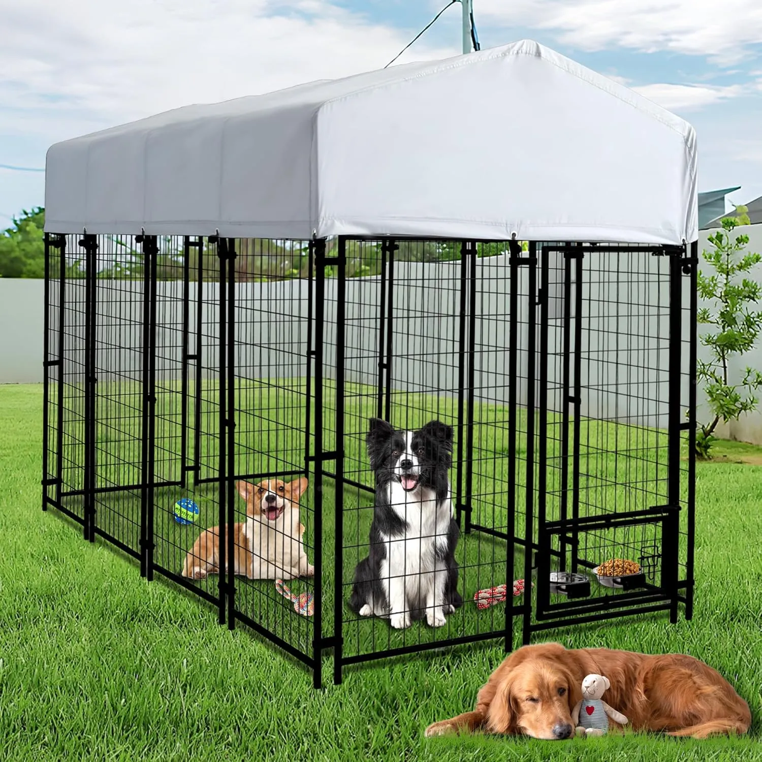 8x4x6 Ft Dog Kennel Outside, Heavy Duty Outdoor Dog Kennel Enclosure with Waterproof Roof Cover & 2 Rotating Bowl, Large Dog Pet Playpen House with Secure Lock Welded Wire Steel Mesh (Black)