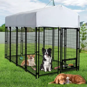 8x4x6 Ft Dog Kennel Outside, Heavy Duty Outdoor Dog Kennel Enclosure with Waterproof Roof Cover & 2 Rotating Bowl, Large Dog Pet Playpen House with Secure Lock Welded Wire Steel Mesh (Black)