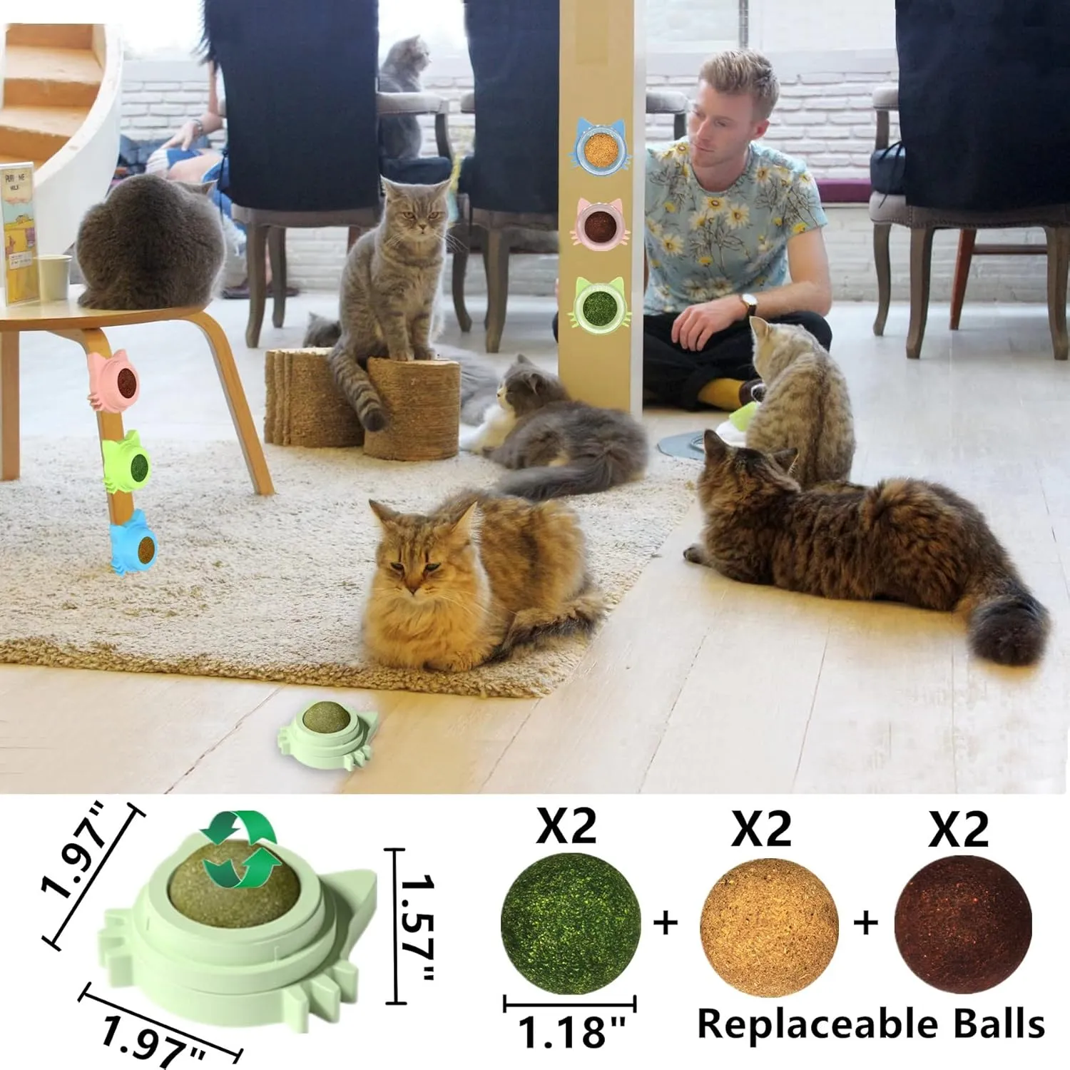 9PCS Cat Catnip Toys, Kitten Toys 3 Flavors Silvervine Ball on Wall, 360Rotatable & Replaceable Kitten Chew Treat for Cleaning Teeth, Kitty Dental Lickable Snack Cat Mint for Indoor