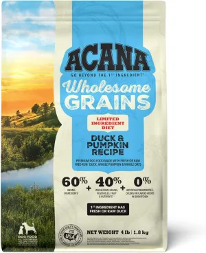 ACANA Wholesome Grains Limited Ingredient Diet Dry Dog Food, Duck & Pumpkin Recipe, Single Protein Duck Dog Food, 4lb