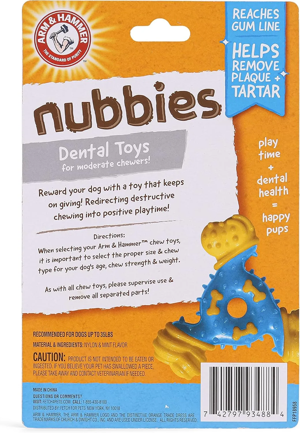 Arm & Hammer for Pets Nubbies TriBone Dog Dental Toy Best Dog Chew Toy for Moderate Chewers Dog Dental Toy Helps Reduce Plaque & Tartar Peanut Butter Flavor with Arm & Hammer Baking Soda (Pack of 24)