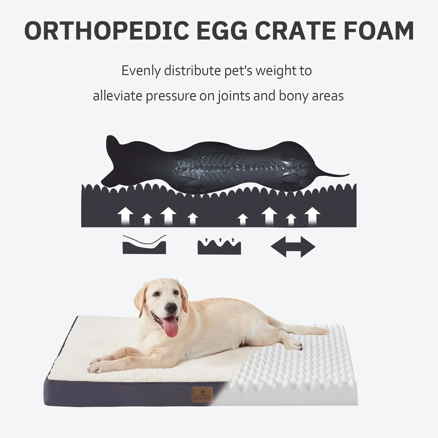 Bedfolks Orthopedic Dog Bed for Extra Large Dogs - Egg Foam Dog Crate Bed with Removable Waterproof Cover, Pet Bed Mat Suitable for Dogs and Pets Up to 100 lbs (44 x 32 x 3.5 inches, Grey)