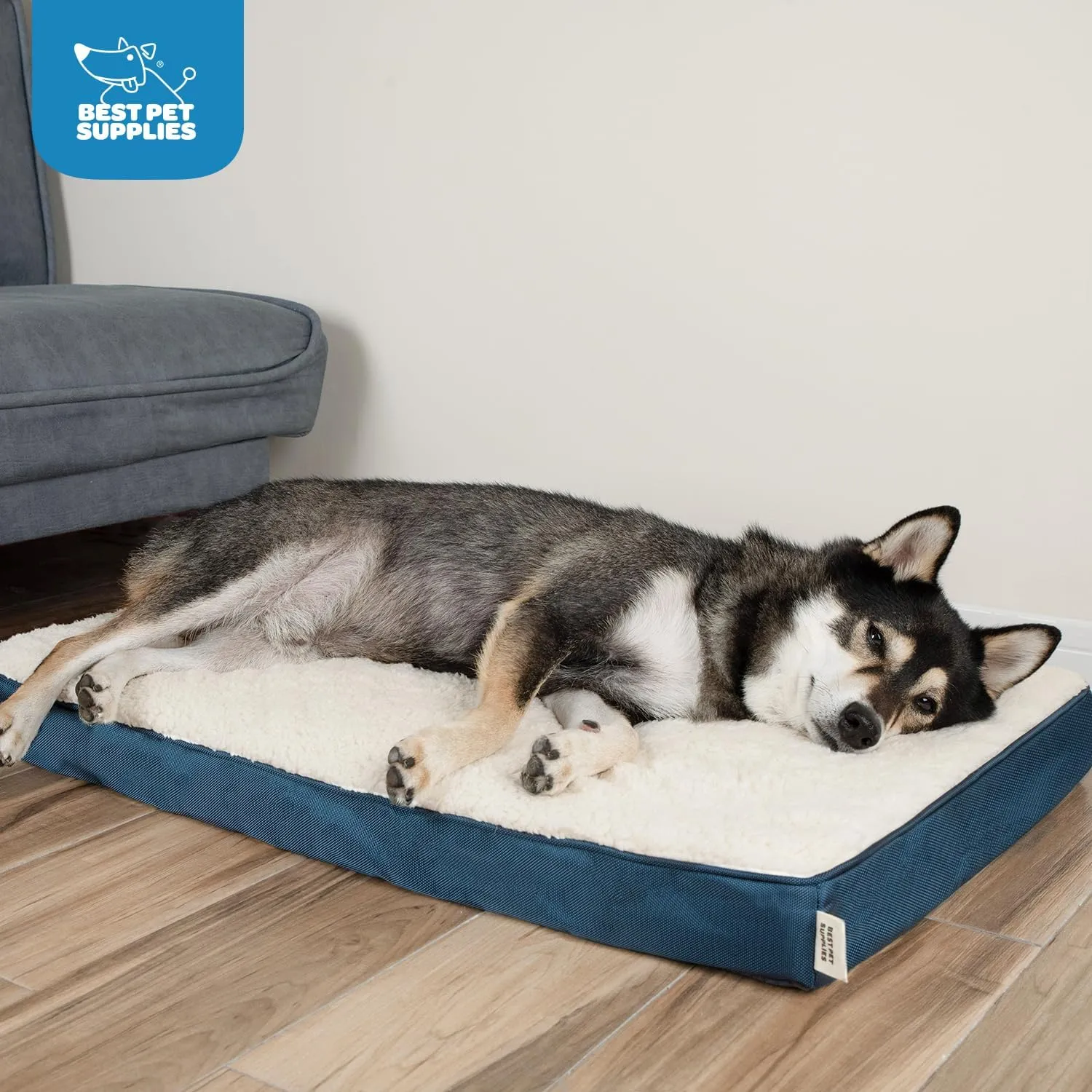Best Pet Supplies Cute Dog Crate Mat Flat Bed with Waterproof Exterior, Thick Orthopedic Egg Foam Mattress, and Soft Sherpa Fleece Cover for Small, Medium, and Large Breeds - Blue, 24X16X3