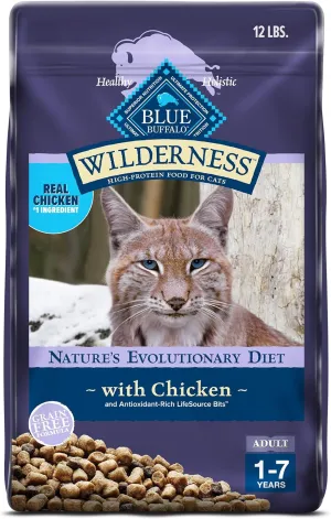 Blue Buffalo Wilderness Natural Adult Dry Cat Food, High-Protein and Grain-Free Diet, Supports Healthy Muscle Development and a Healthy Immune System, Chicken, 12-lb. Bag