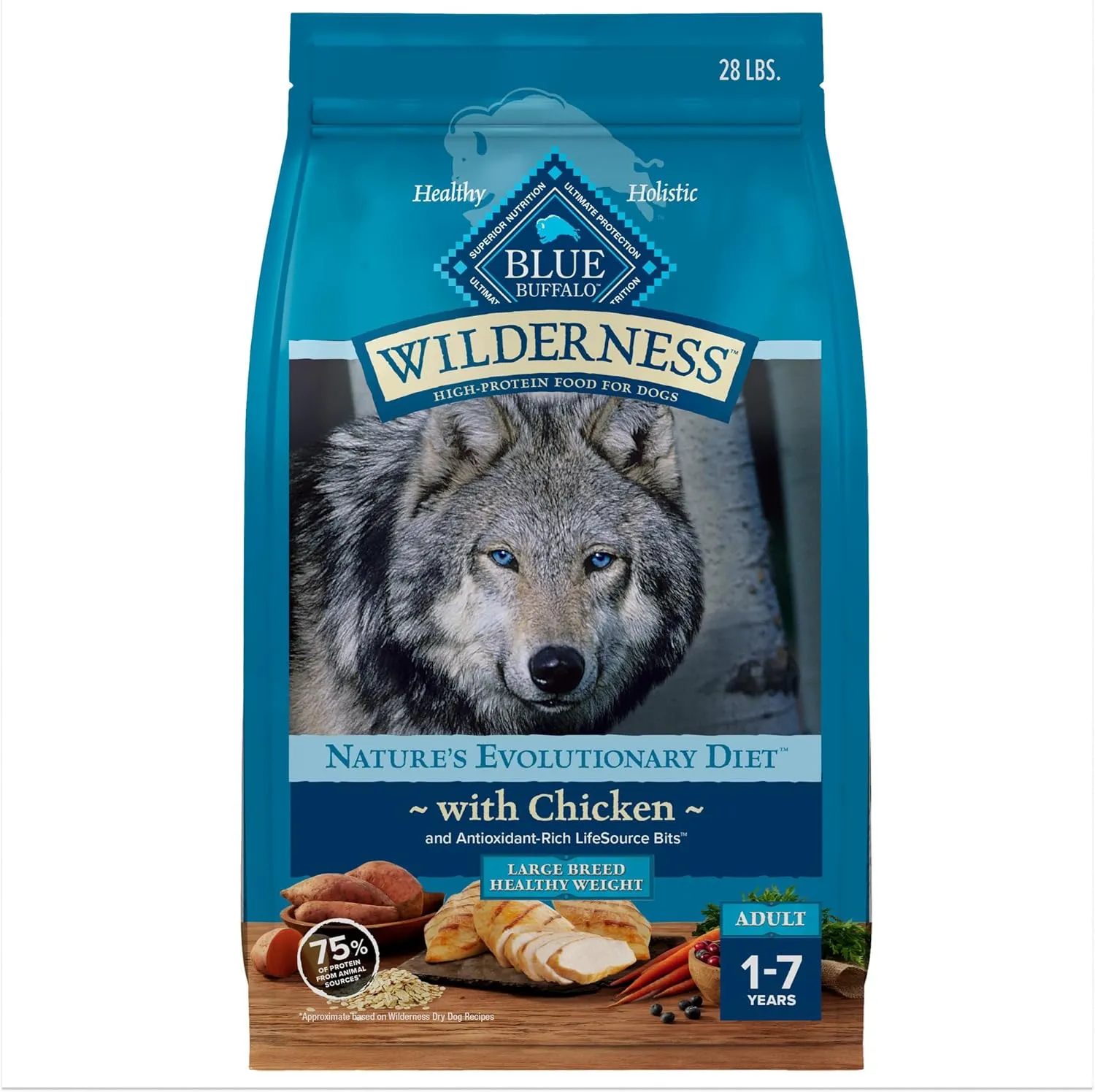 Blue Buffalo Wilderness Natural High-Protein Healthy Weight Dry Food for Large Breed Adult Dogs, Chicken Recipe, 28-lb Bag