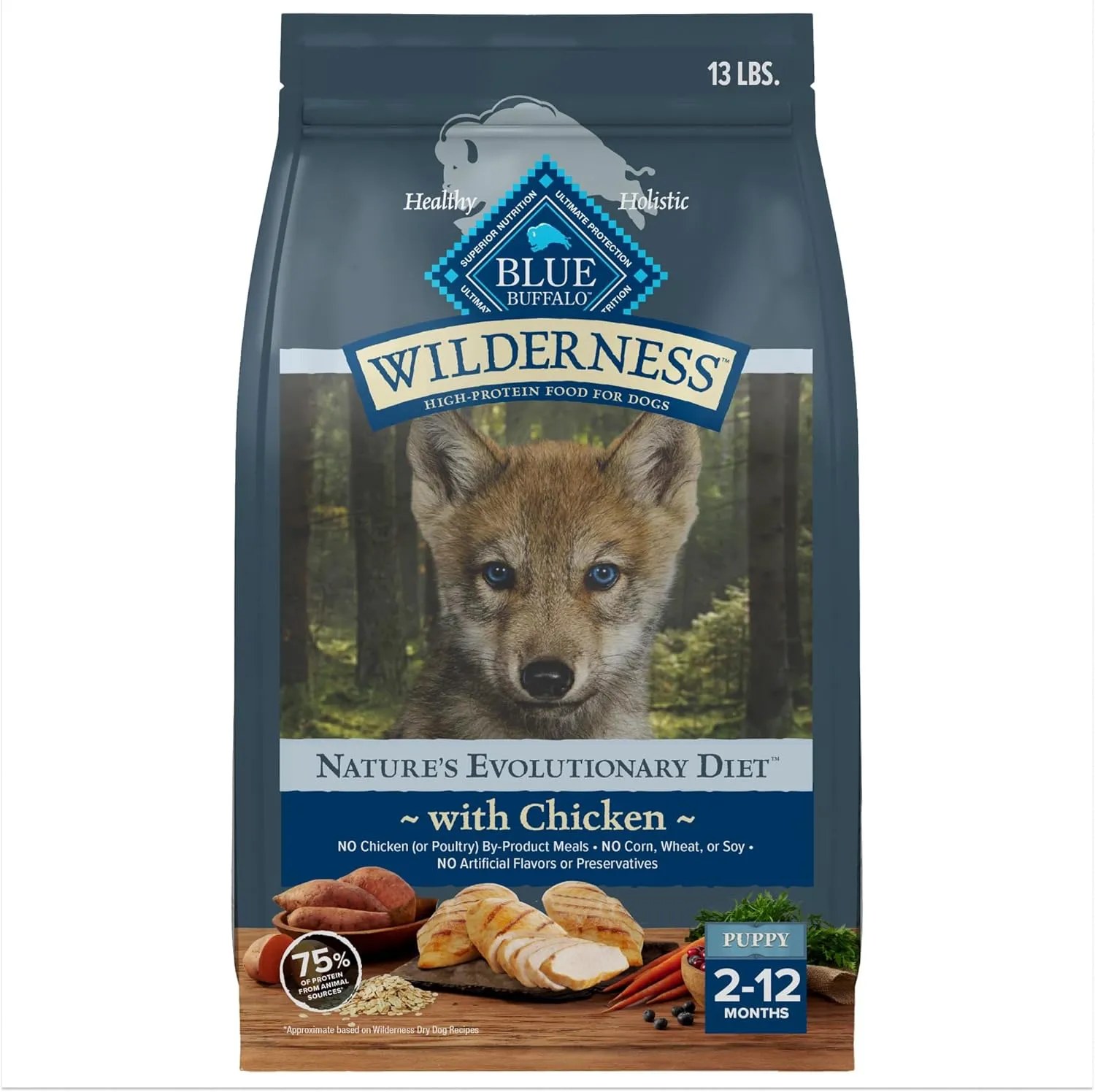 Blue Buffalo Wilderness Puppy High Protein Dry Dog Food With Real Chicken Plus Wholesome Grains, Made in the USA with Natural Ingredients, Chicken, 13-lb. Bag