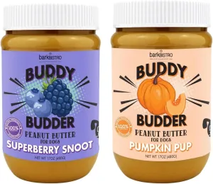 BUDDY BUDDER Bark Bistro Company, Superberry Snoot   Pumpkin Pup, Natural Dog Peanut Butter, Dog Treat, Made in USA (Set of 2, 17oz Jars)