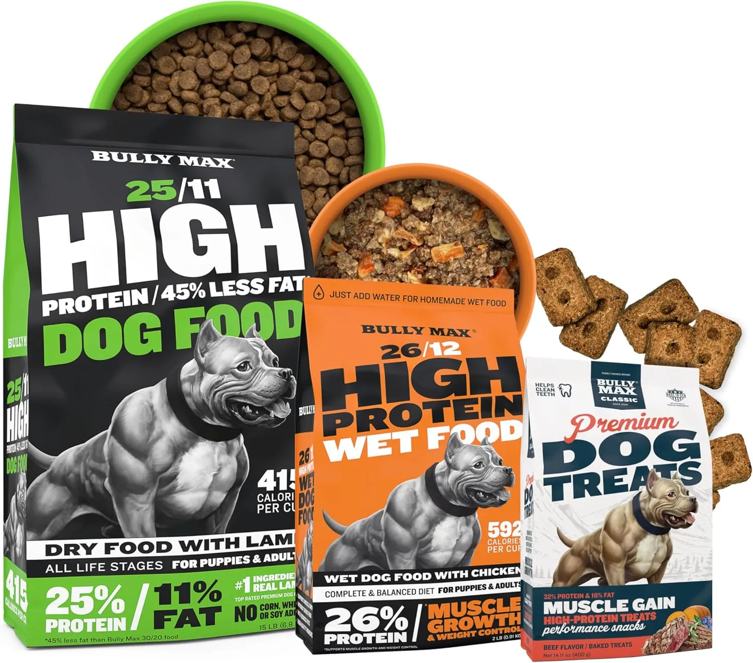 Bully Max High Protein Dry Dog Food 15 lbs, Wet Dog Food 2 Dry Lbs (Makes 5.5 Lbs of Wet Food) & Training Treats 400g for Puppies, Adult, Small & Large Breed Dogs - Chicken, Beef, Lamb Flavors
