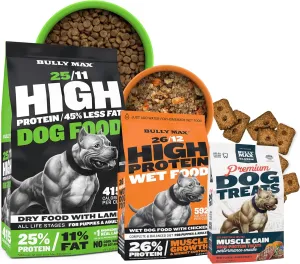 Bully Max High Protein Dry Dog Food 15 lbs, Wet Dog Food 2 Dry Lbs (Makes 5.5 Lbs of Wet Food) & Training Treats 400g for Puppies, Adult, Small & Large Breed Dogs - Chicken, Beef, Lamb Flavors