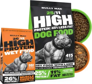 Bully Max Ultimate Puppy & Adult Dog Food Bundle - High Protein & Low Fat Dry Dog Food (15lb Bag) Plus Instant Fresh Dehydrated Wet Food (2 Dry lb, Makes 5.5 lb of Wet Food) for Small & Large Breeds