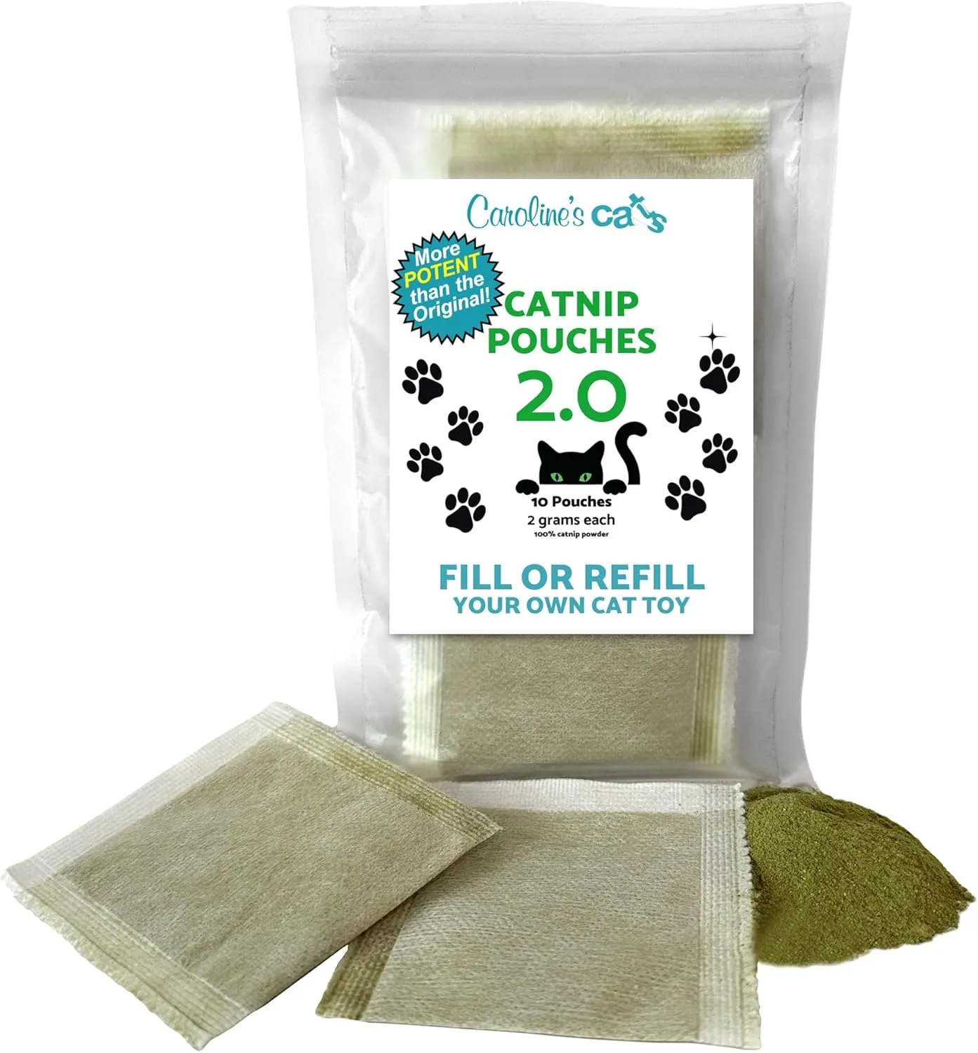 Caroline's Cats Organic Catnip Packets for Cat Toys 2.0  More Potent Refill Pouches for Flapping Bird, Flopping Fish, and Others, 10 Tea Bags