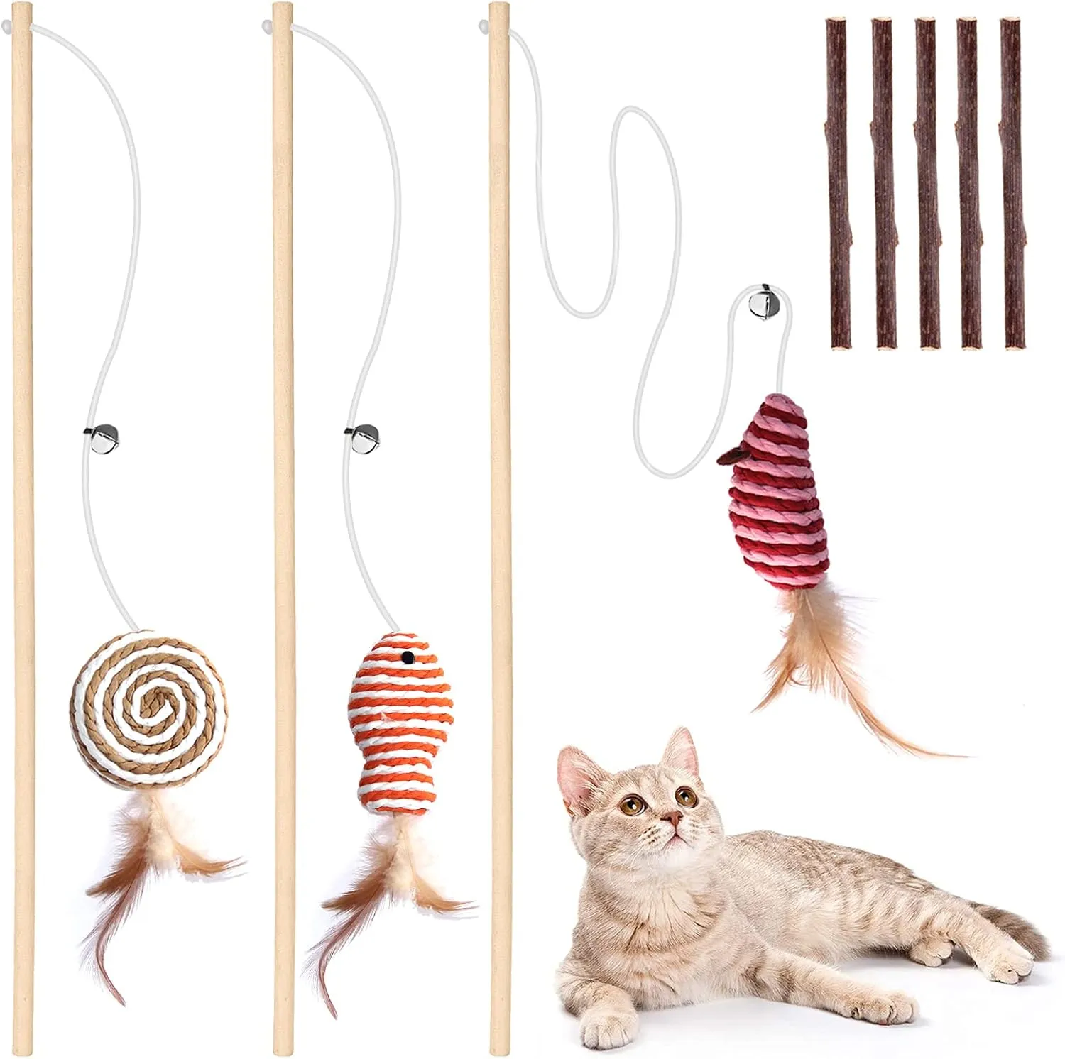 Cat Toys for Indoor Cats - 3pcs 16 Inch Natural Wood Teaser Wand With Refills for Kitten Exercise and Play - Bonus 5pcs Catnip Sticks for Teeth Cleaning