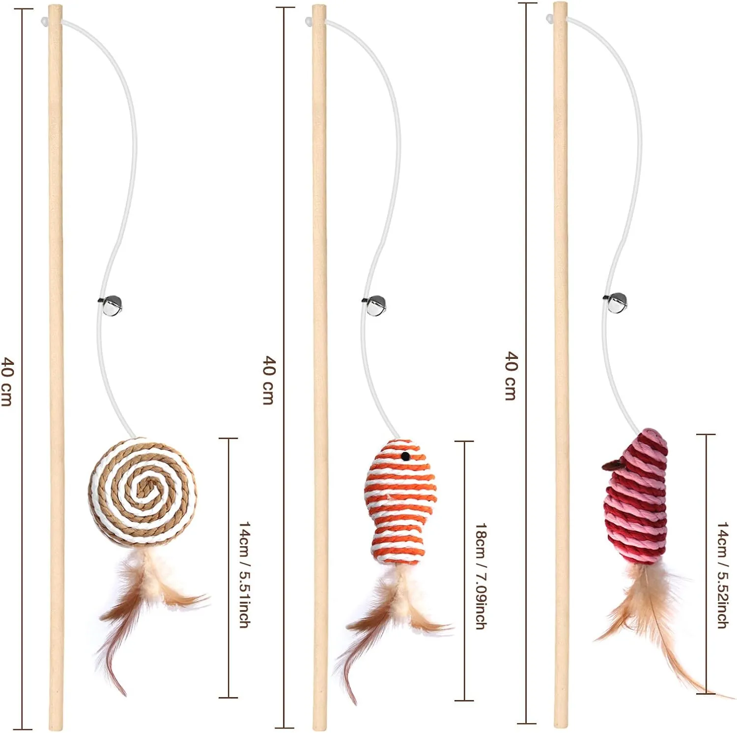 Cat Toys for Indoor Cats - 3pcs 16 Inch Natural Wood Teaser Wand With Refills for Kitten Exercise and Play - Bonus 5pcs Catnip Sticks for Teeth Cleaning