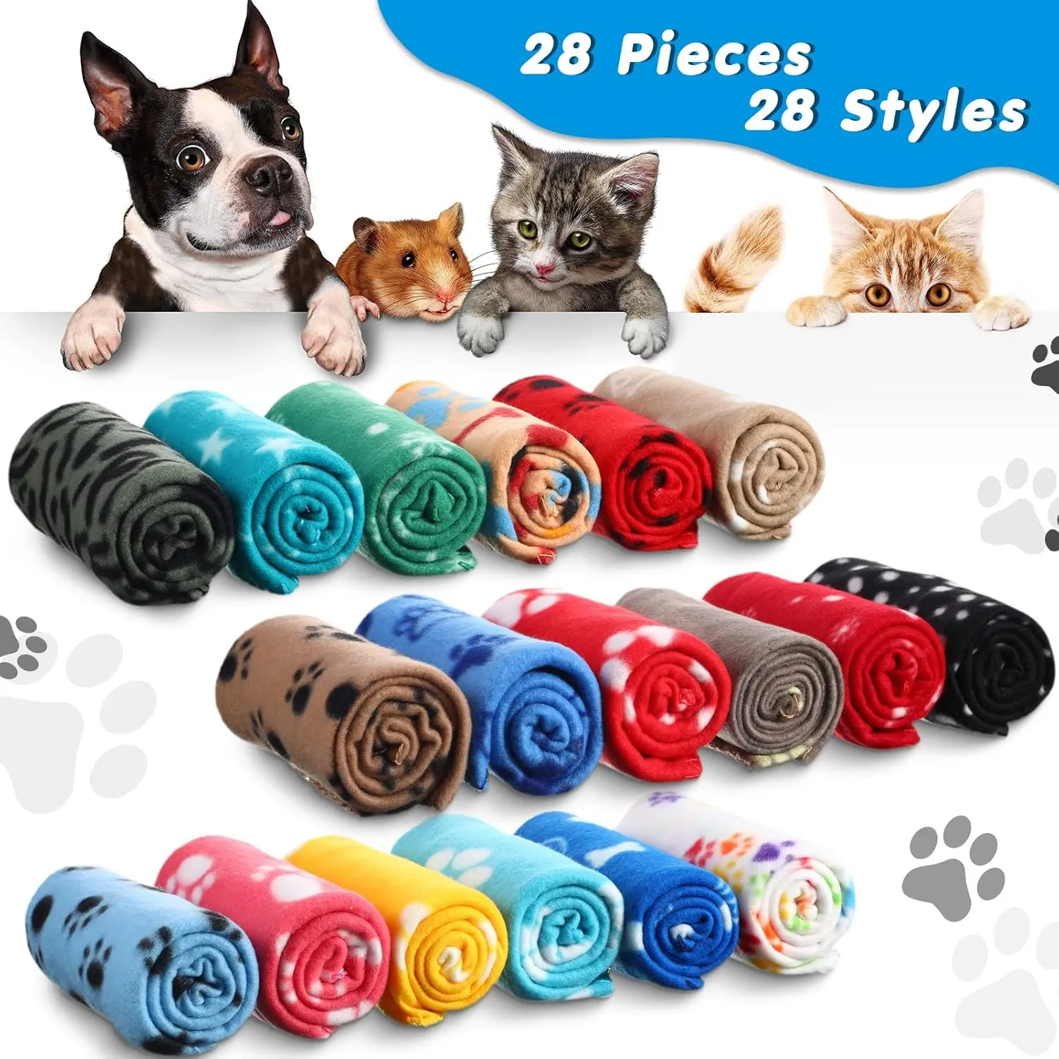 Chumia 28 Pieces Puppy Blanket Bulk Small Fleece Pet Blanket for Puppy Dogs Kitten Cats Pets Soft Warm Paw Print Sleep Mat Bed Covers, 28 Styles(23.6 x 27.6 Inch)