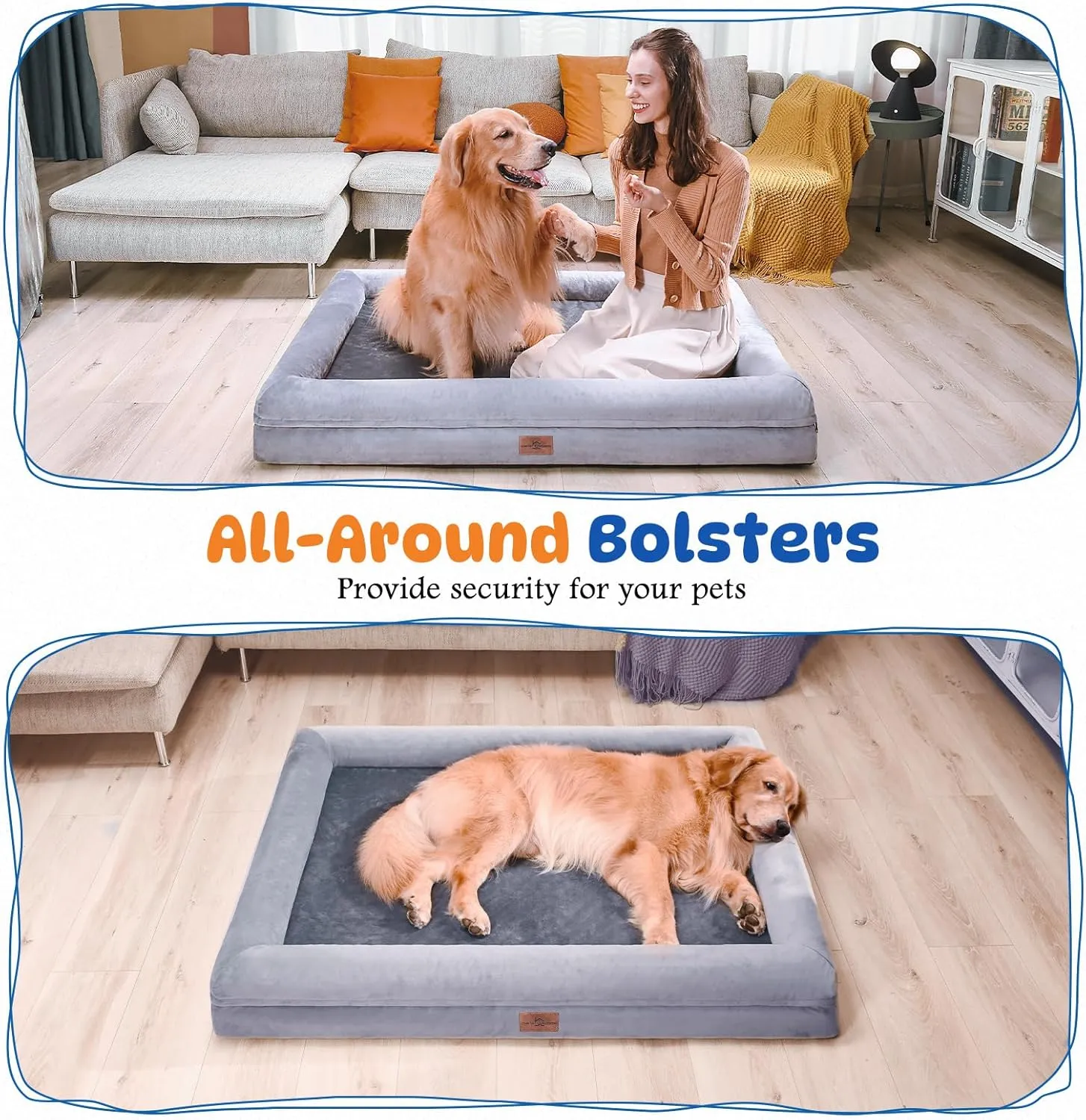 Comfort Expression Extra Large Dog Bed Orthopedic Washable: XL Dog Bed with Waterproof Removable Cover Dogs Beds for Extra Large Dogs with Non-Slip Bottom Memory Foam Grey- 42" x 30"