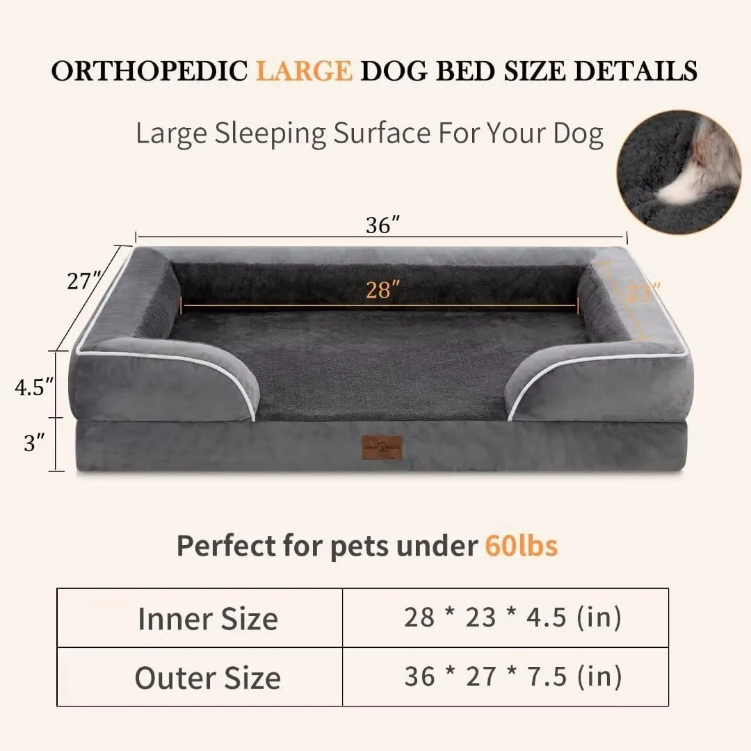 Comfort Expression Waterproof Large Dog Beds Orthopedic Foam Dog Beds Sofa Comfy Pet Bed with Washable Removable Cover & Non-Slip Bottom(Large,Dark Grey)