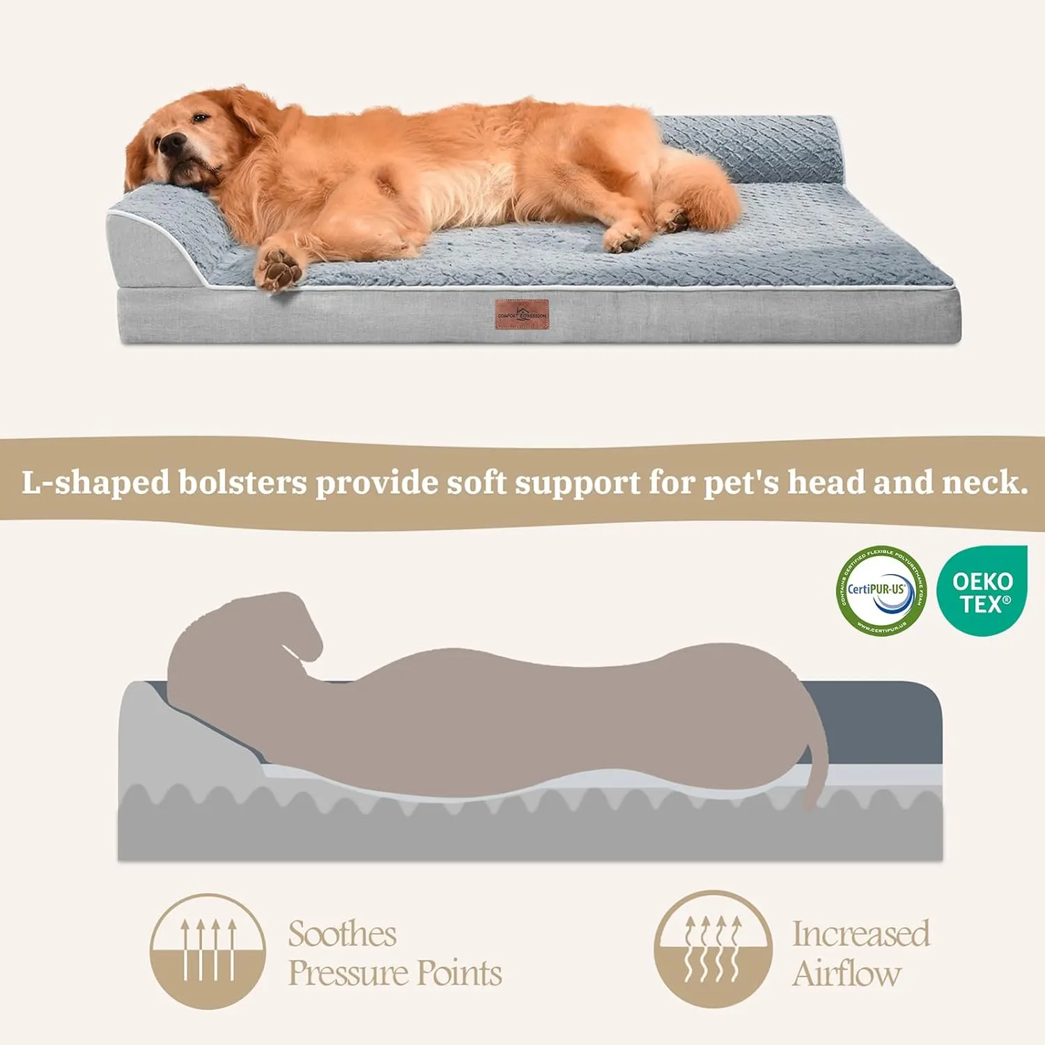 Comfort Expression XL Dog Bed Orthopedic, Extra Large Dog Beds with Comfy Bolsters, Waterproof Dogs Bed, Pet Bed Sofa with Removable Washable Cover and Nonskid Bottom(X-Large,Grey)