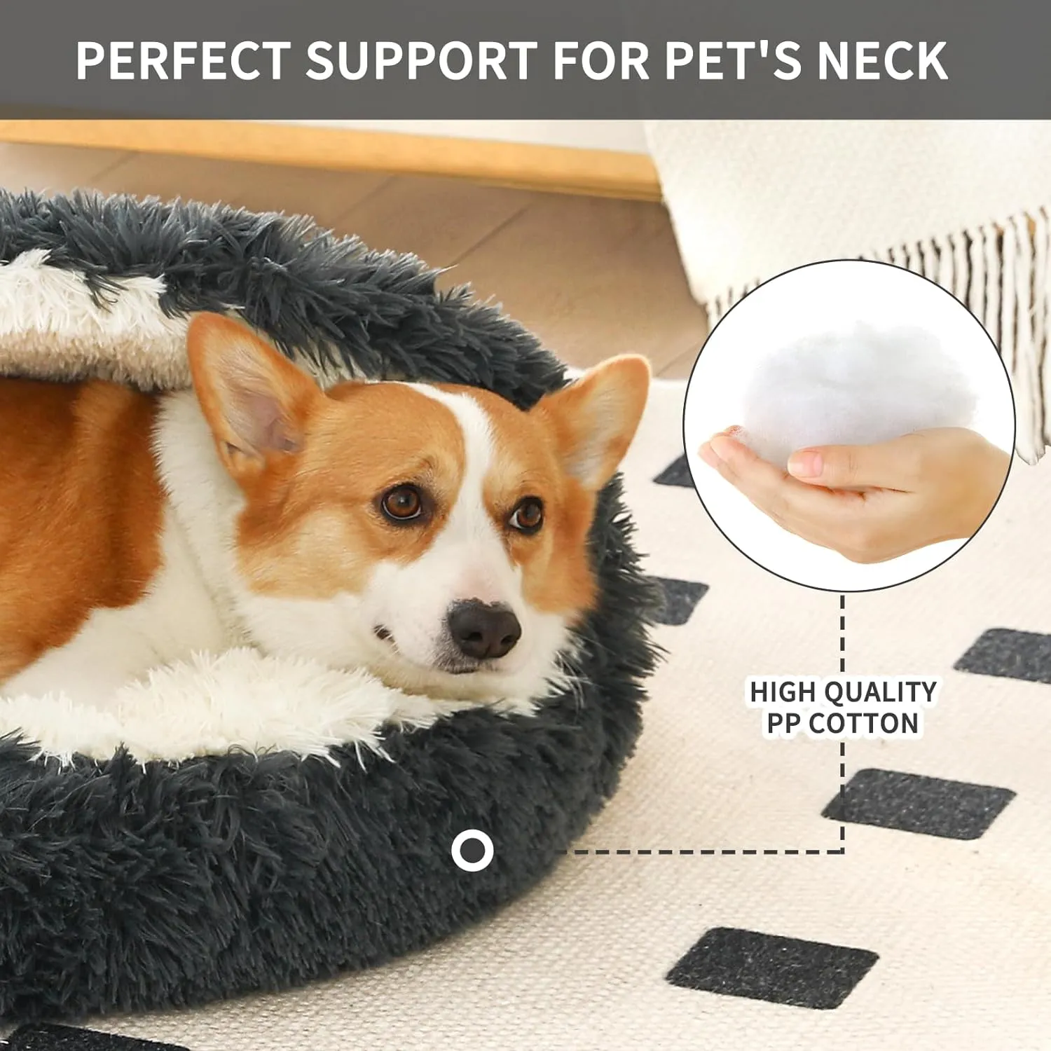 Dog Bed Round Hooded Plush Cat Cave Self Warming Pet Bed Donut Anti Anxiety Fluffy Pet Bed for Puppy and Kitty