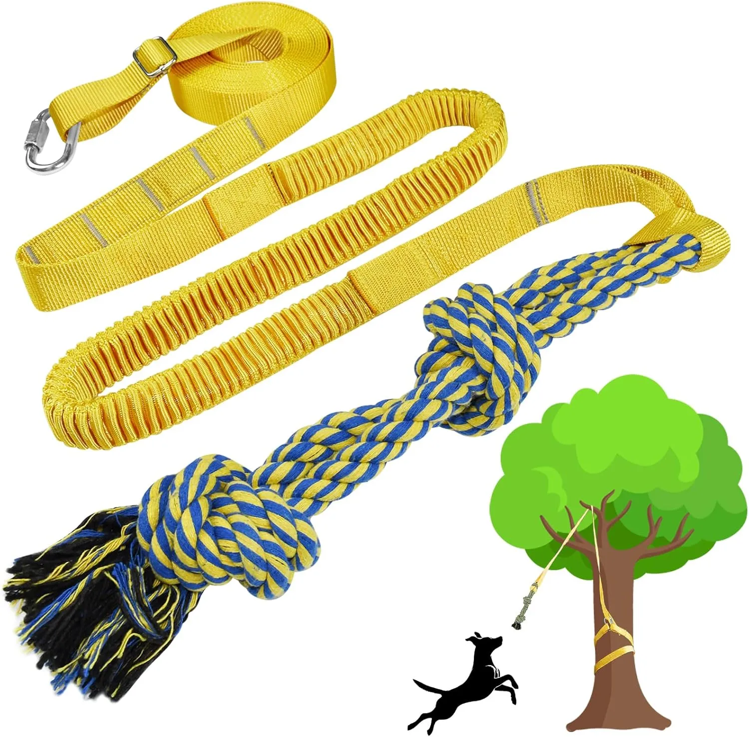 Dog Bungee Tug Toy Hanging from Tree,Outdoor Tether Tug of War Interactive Dog Rope with Chew Lure for Small Medium Large Dogs (Yellow)