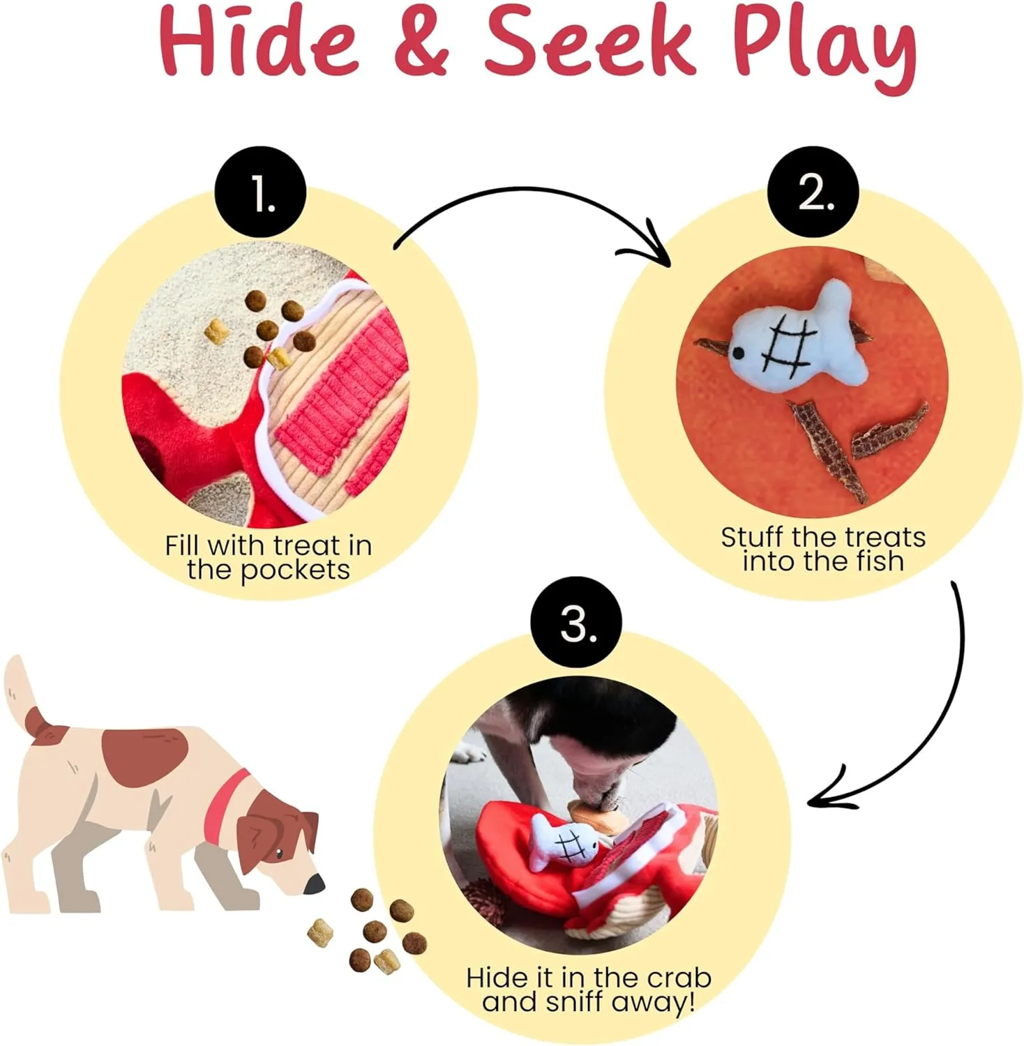 Dog Puzzle Toy, Interactive Snuffle Crab Toy for Small Medium Dogs  Hide & Seek Treat Dispenser with Squeaky & Crinkle Sounds, 4-in-1 Chew Toy, Durable & Washable (Red)