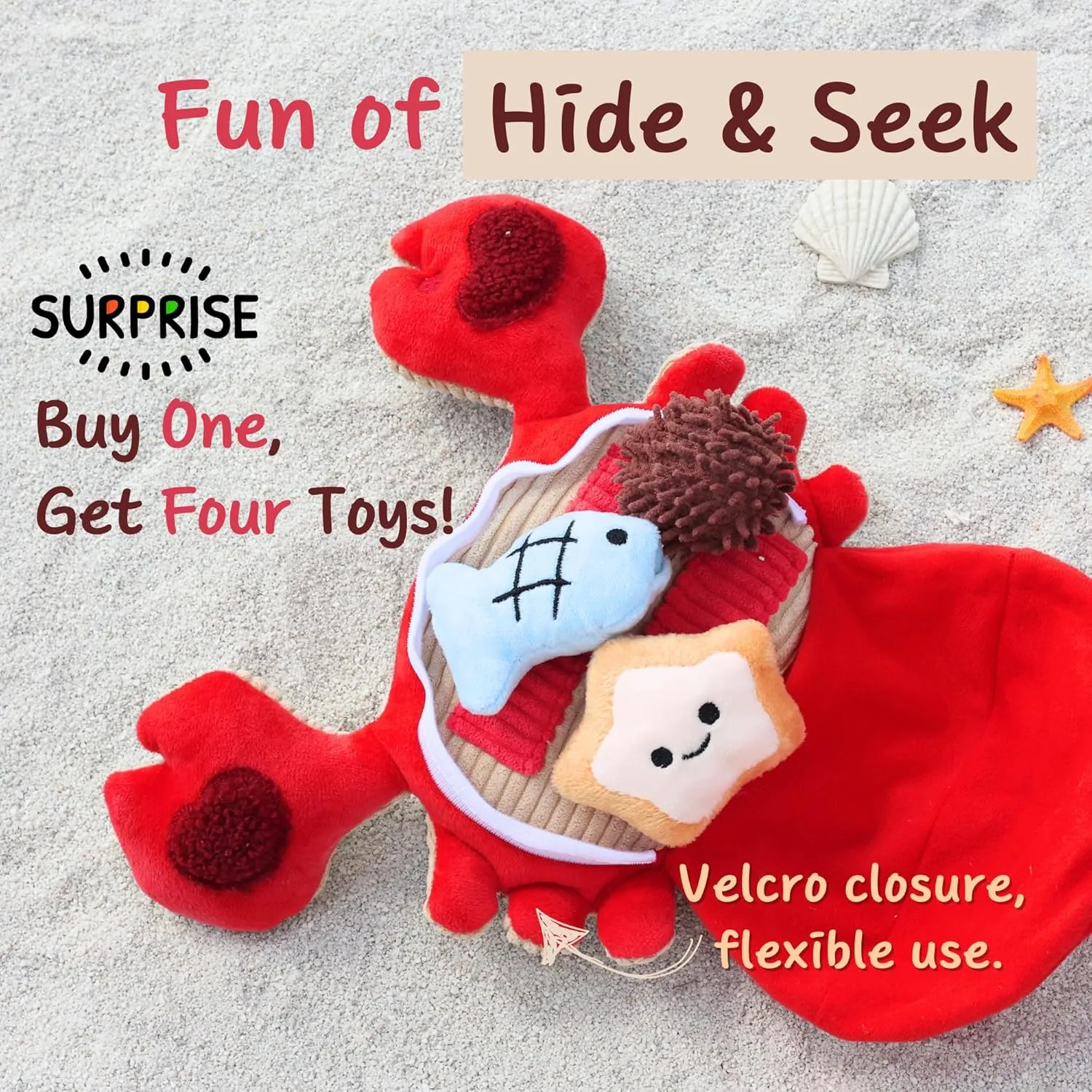 Dog Puzzle Toy, Interactive Snuffle Crab Toy for Small Medium Dogs  Hide & Seek Treat Dispenser with Squeaky & Crinkle Sounds, 4-in-1 Chew Toy, Durable & Washable (Red)