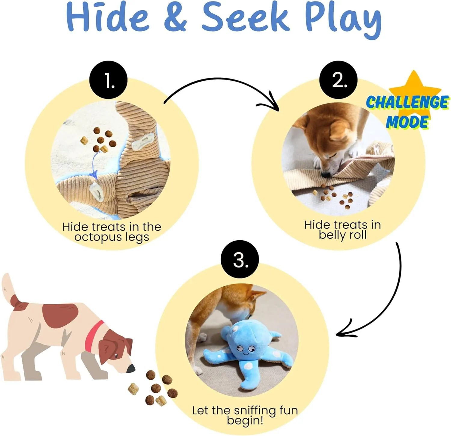 Dog Puzzle Toy, Interactive Snuffle Octopus Toy for Small Medium Large Dogs  Hide & Seek Treat Dispenser with Squeaky & Crinkle Sounds, Plush Chew Toy, Durable & Washable (Blue)