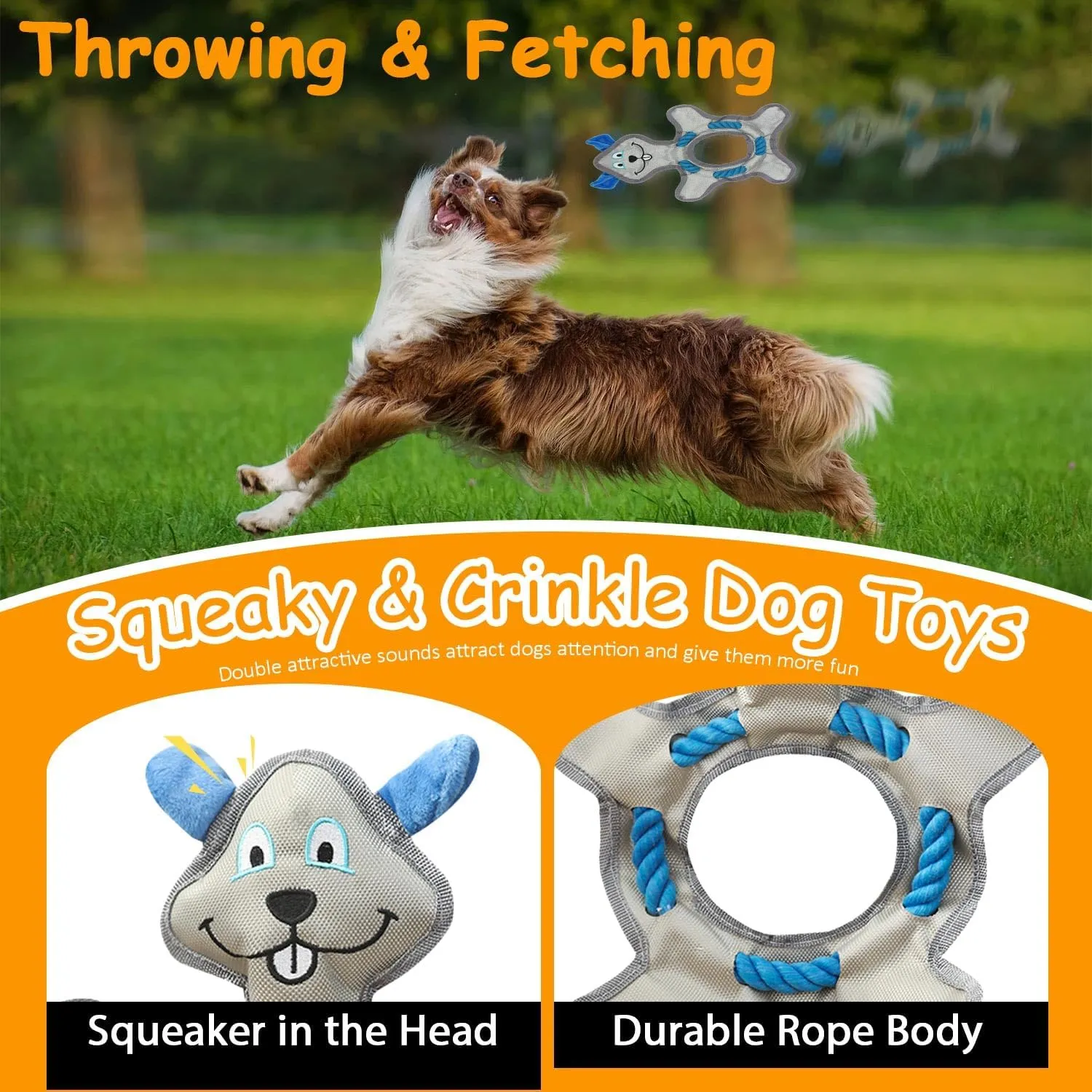 Dog Toys to Keep Them Busy, Plush Tug of War Interactive Rope Dog Toys, Squeaky Chew Toys for Small Medium Large Dogs