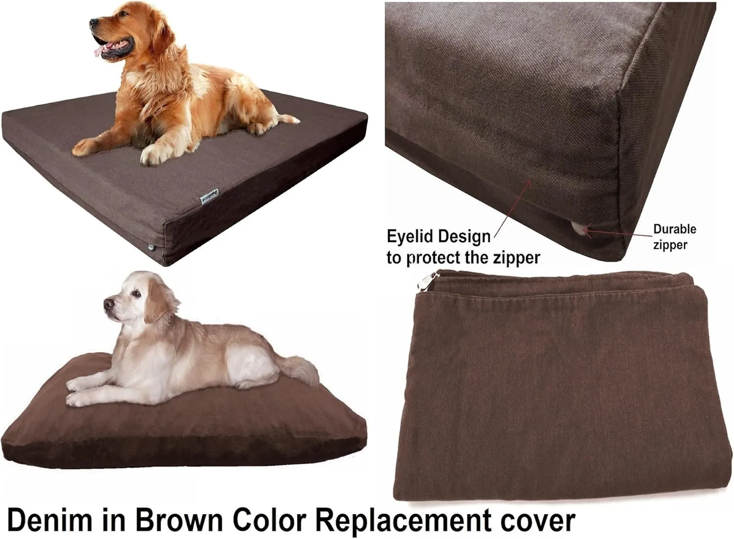 Dogbed4less 37X27X4 Inches Size Brown Color Denim Jean Dog Pet Bed External Zipper Cover - Replacement Cover only