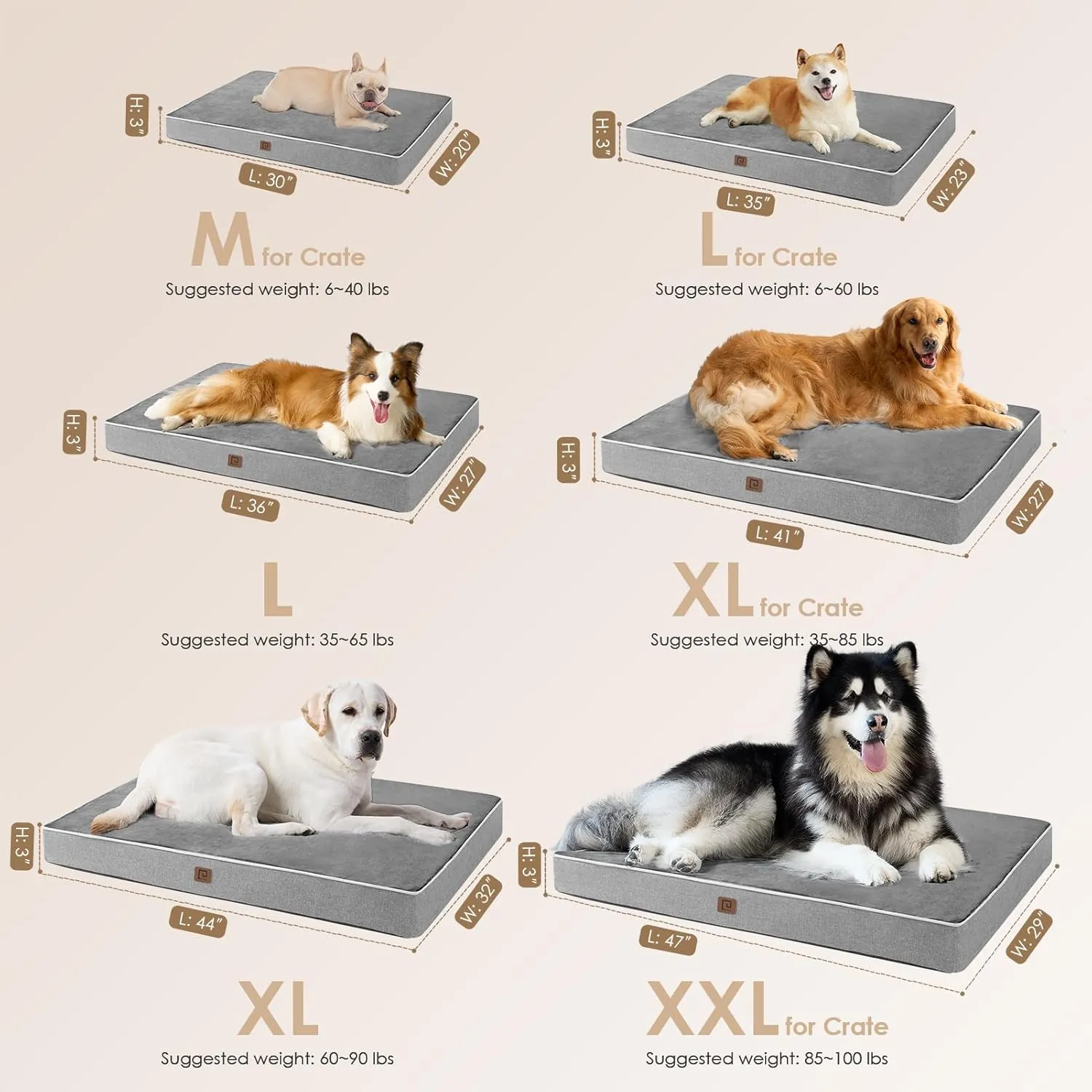 EHEYCIGA Orthopedic Memory Foam Dog Beds for Extra Large Dogs with Removable Waterproof Liner, Grey, 41x27