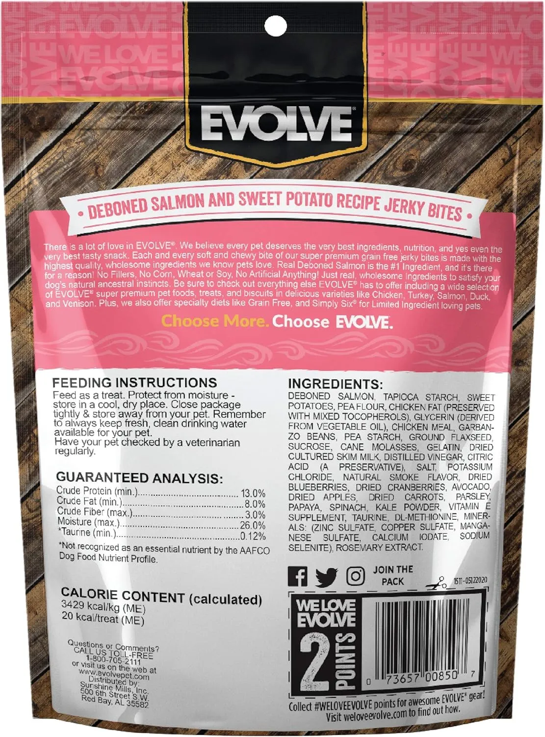 Evolve Grain Free Deboned Salmon and Sweet Potato Jerky Bites Dog Treats, 25oz