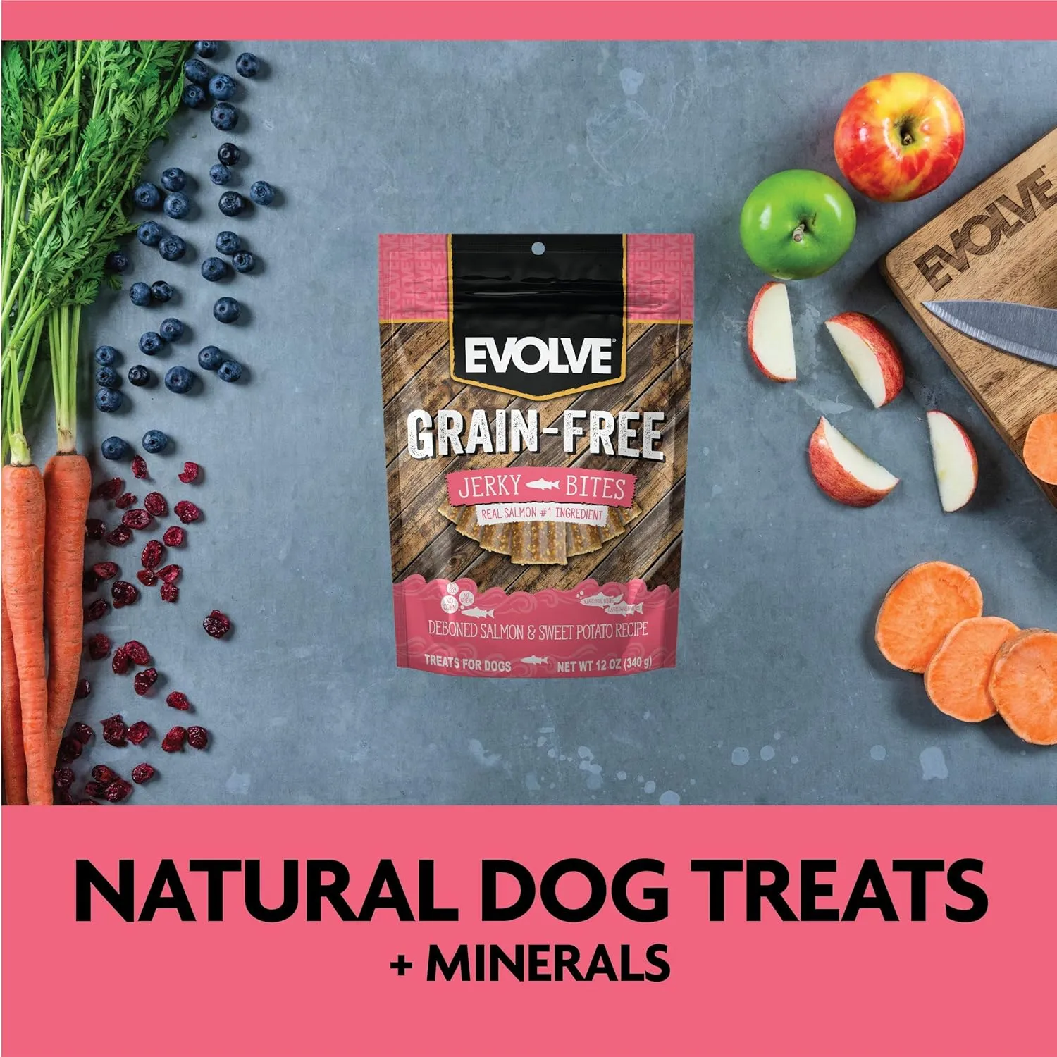 Evolve Grain Free Deboned Salmon and Sweet Potato Jerky Bites Dog Treats, 25oz