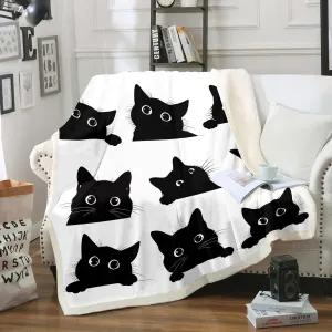 Feelyou Black Cat Blanket for Kids Toddler Cute Pet Cats Pattern Fleece Throw Blanket Lovely Kitten Plush Blankets and Throws Super Soft Cozy Animal Sherpa Blanket for Couch Bed Sofa 60"x80" White