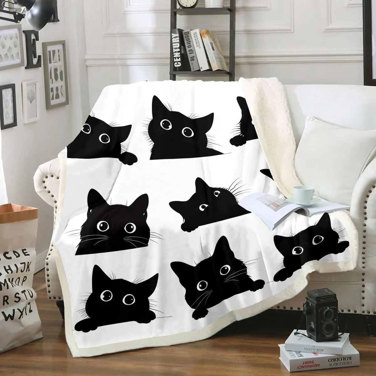 Feelyou Black Cat Blanket for Kids Toddler Cute Pet Cats Pattern Fleece Throw Blanket Lovely Kitten Plush Blankets and Throws Super Soft Cozy Animal Sherpa Blanket for Couch Bed Sofa 60"x80" White