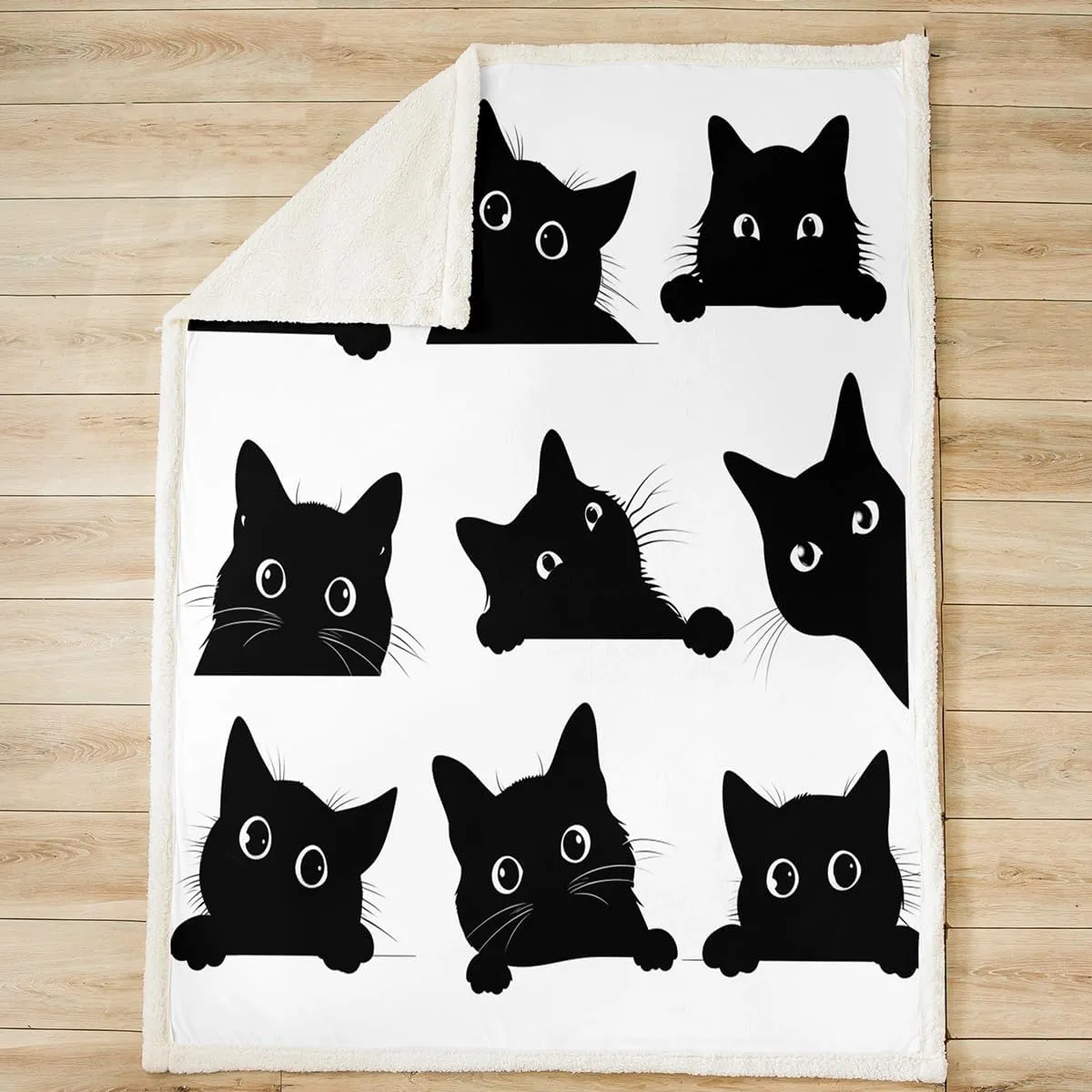 Feelyou Black Cat Blanket for Kids Toddler Cute Pet Cats Pattern Fleece Throw Blanket Lovely Kitten Plush Blankets and Throws Super Soft Cozy Animal Sherpa Blanket for Couch Bed Sofa 60"x80" White