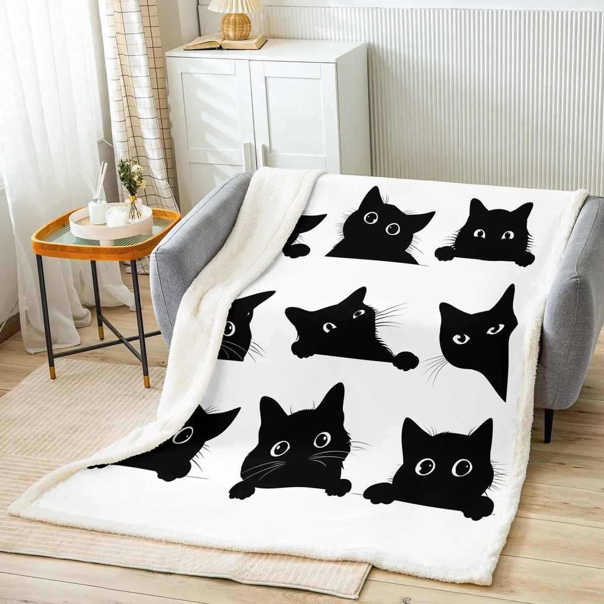 Feelyou Black Cat Blanket for Kids Toddler Cute Pet Cats Pattern Fleece Throw Blanket Lovely Kitten Plush Blankets and Throws Super Soft Cozy Animal Sherpa Blanket for Couch Bed Sofa 60"x80" White