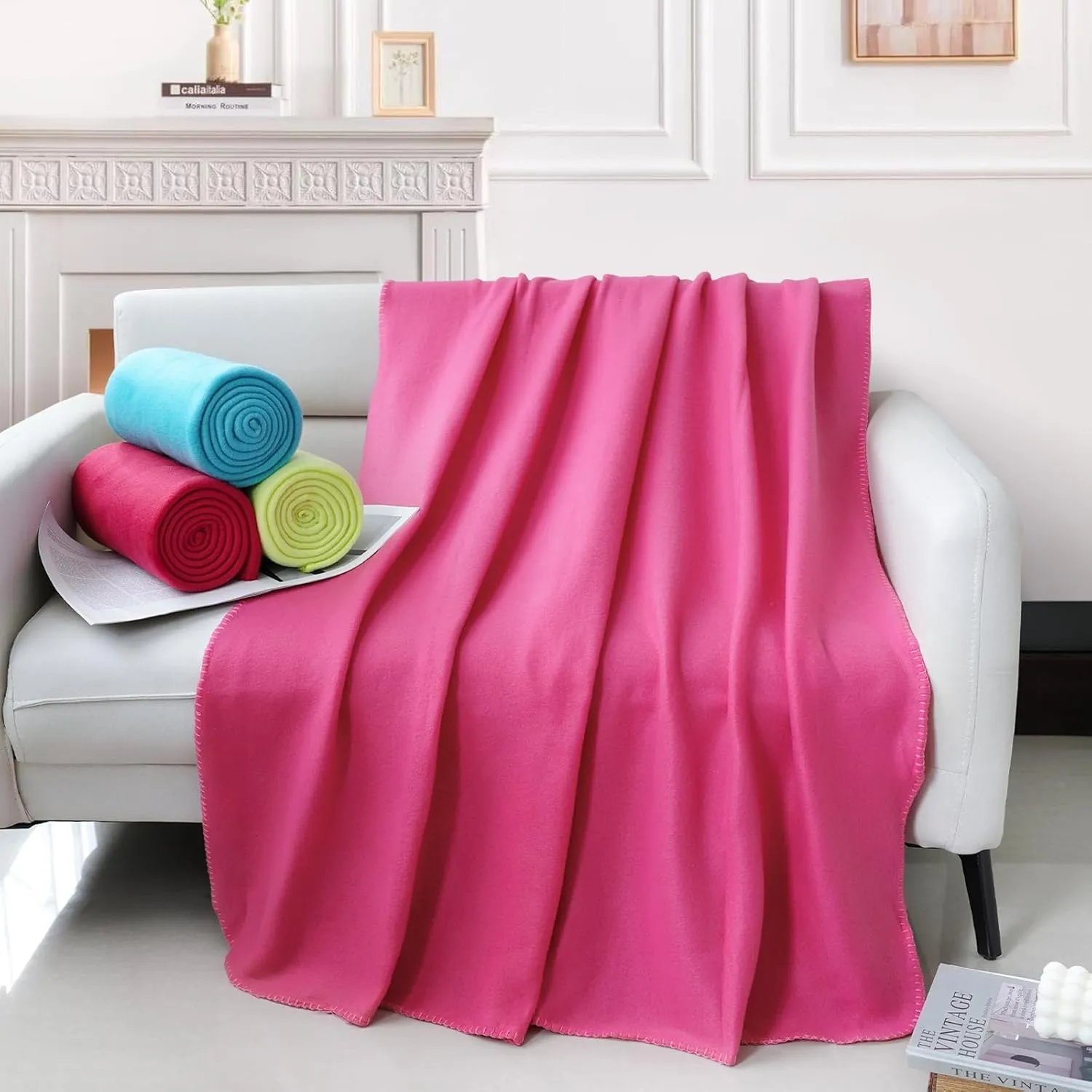 Fleece Throw Blankets Bulk Fleece Blankets Solid Wholesale Lightweight Warm Soft for Pet Bed Couch Office Gifts Travel Seasons (Pack of 6-50x60 Inches,Multiple 4)