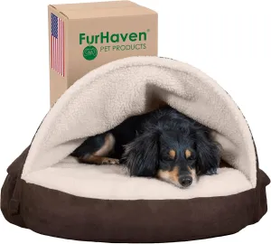 Furhaven 26" Round Cooling Gel Dog Bed for Medium/Small Dogs w/ Removable Washable Cover, For Dogs Up to 30 lbs - Sherpa & Suede Snuggery - Espresso, 26-inch