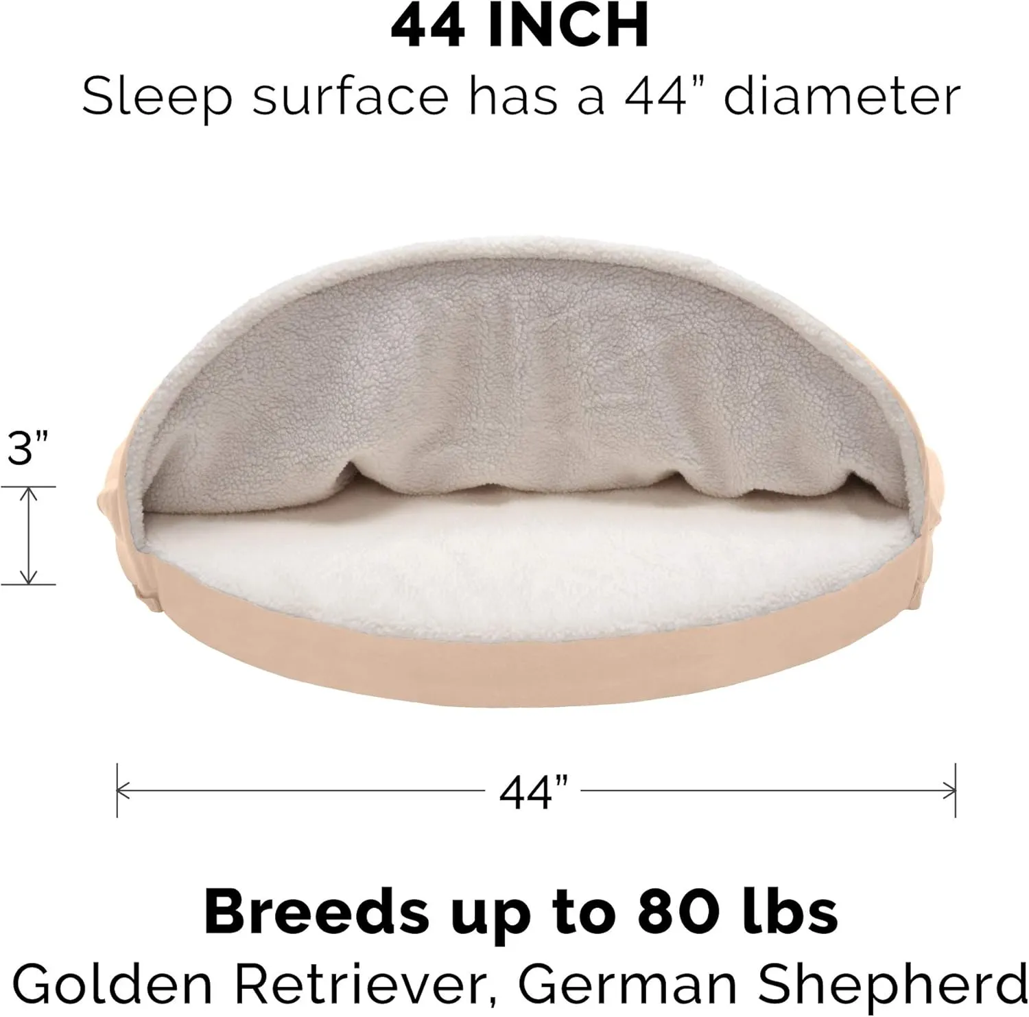 Furhaven 44" Round Memory Foam Dog Bed for Large Dogs w/ Removable Washable Cover, For Dogs Up to 80 lbs - Sherpa & Suede Snuggery - Cream, 44-inch