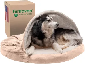 Furhaven 44" Round Memory Foam Dog Bed for Large Dogs w/ Removable Washable Cover, For Dogs Up to 80 lbs - Sherpa & Suede Snuggery - Cream, 44-inch