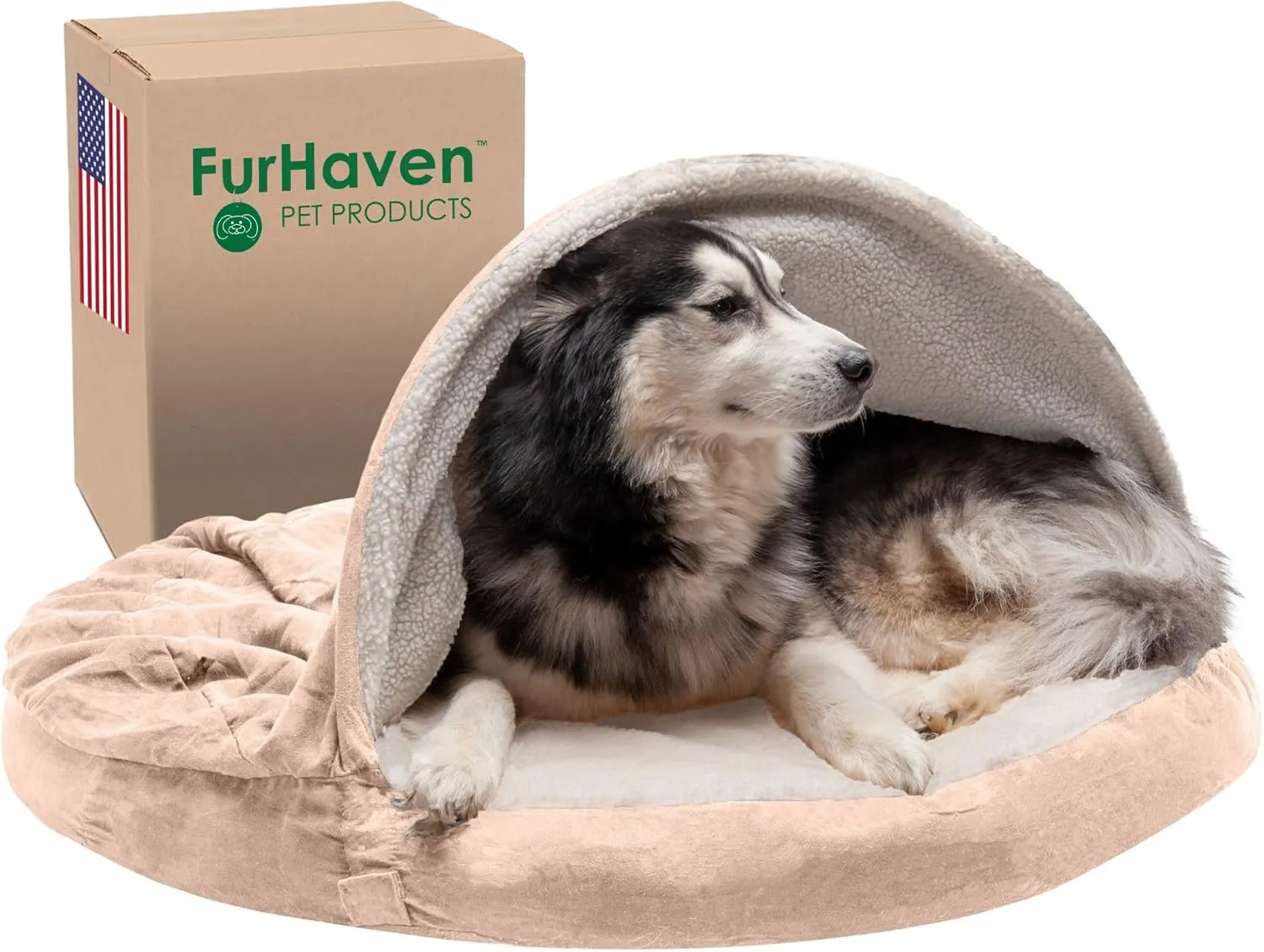 Furhaven 44" Round Memory Foam Dog Bed for Large Dogs w/ Removable Washable Cover, For Dogs Up to 80 lbs - Sherpa & Suede Snuggery - Cream, 44-inch