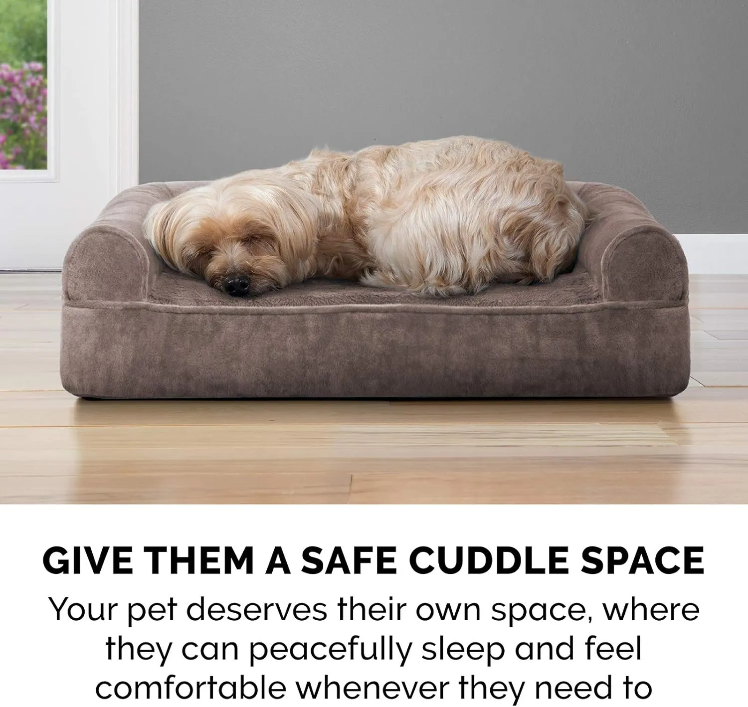 Furhaven Memory Foam Dog Bed for Large Dogs w/ Removable Bolsters & Washable Cover, For Dogs Up to 95 lbs - Faux Fur & Velvet Sofa - Driftwood Brown, Jumbo/XL