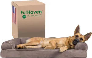 Furhaven Memory Foam Dog Bed for Large Dogs w/ Removable Bolsters & Washable Cover, For Dogs Up to 95 lbs - Faux Fur & Velvet Sofa - Driftwood Brown, Jumbo/XL