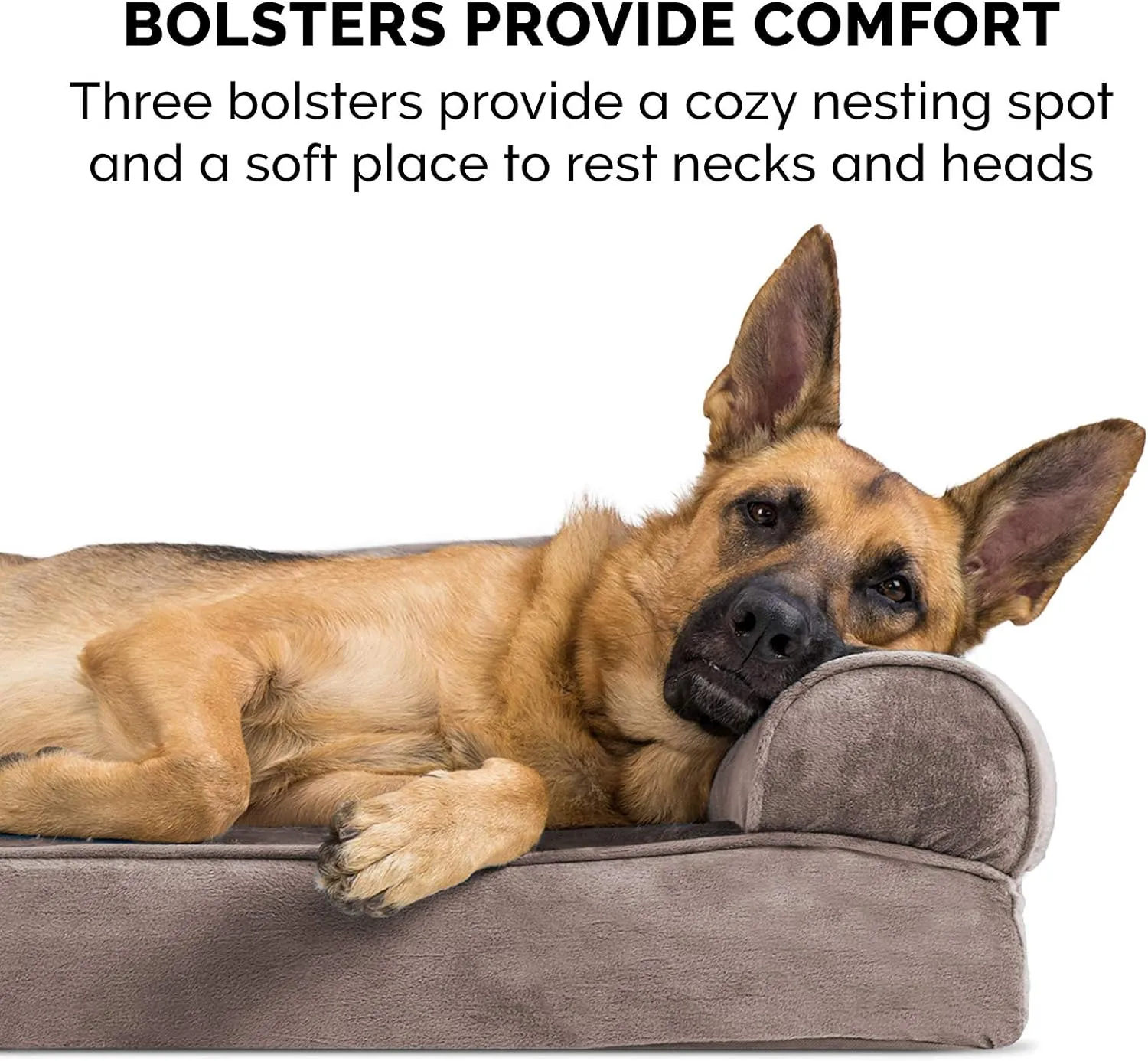 Furhaven Memory Foam Dog Bed for Large Dogs w/ Removable Bolsters & Washable Cover, For Dogs Up to 95 lbs - Faux Fur & Velvet Sofa - Driftwood Brown, Jumbo/XL