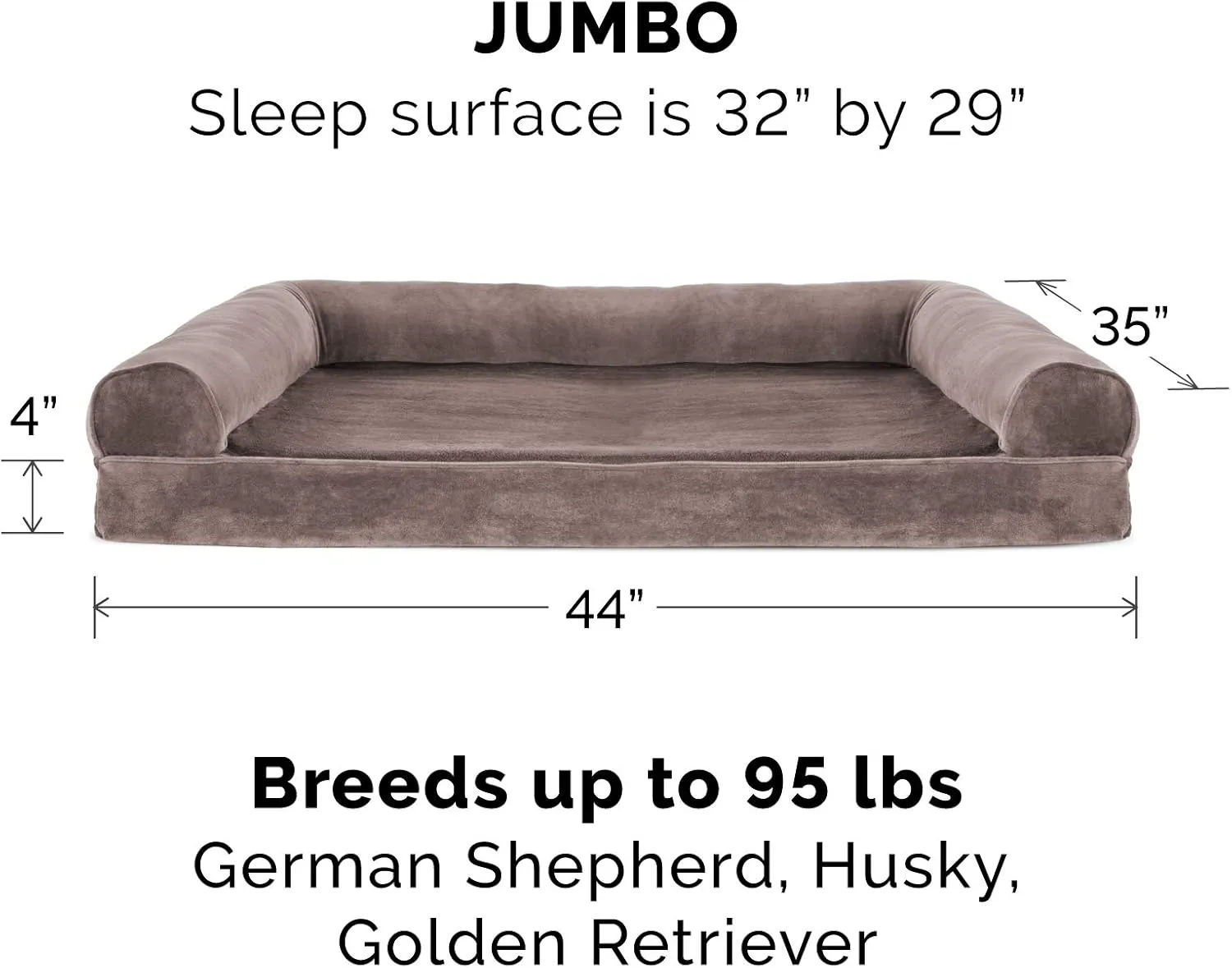 Furhaven Memory Foam Dog Bed for Large Dogs w/ Removable Bolsters & Washable Cover, For Dogs Up to 95 lbs - Faux Fur & Velvet Sofa - Driftwood Brown, Jumbo/XL